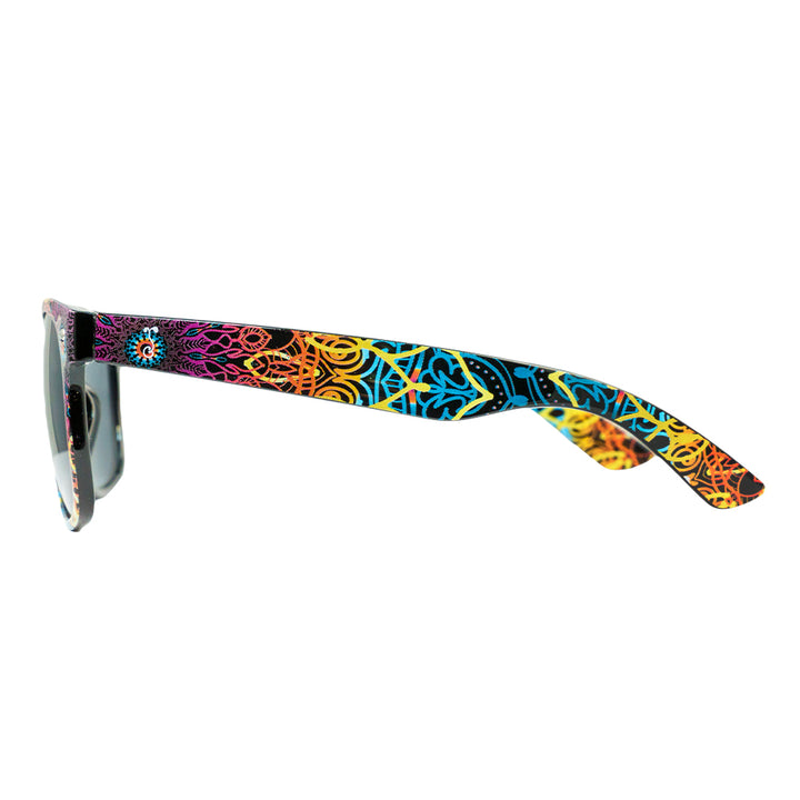 Multi-color patterned sunglasses from side view with dark gray mirrored lenses