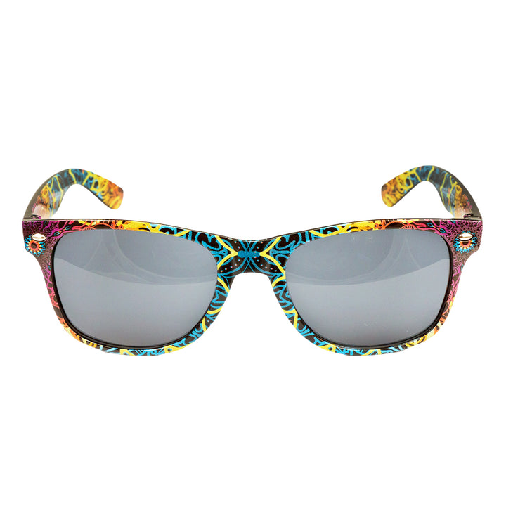 Multi-color patterned sunglasses with dark gray lenses and rounded cat-eye shape