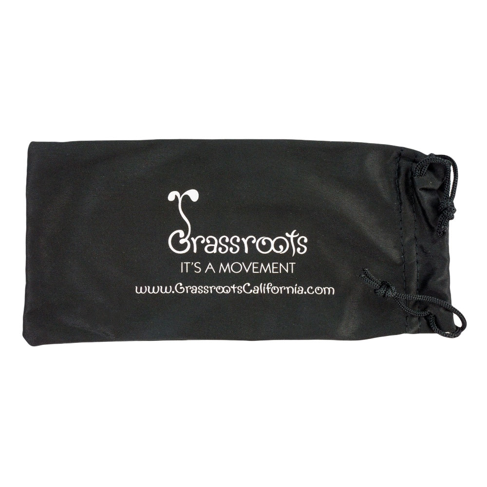 Black drawstring sunglasses pouch with white Grassroots logo and text