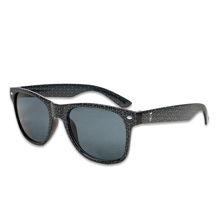 Black patterned sunglasses with blue-tinted lenses and squared frames