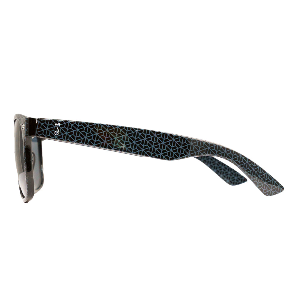 Black patterned sunglasses side view with dark lens and slim arms