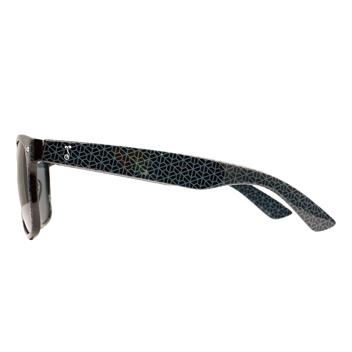 Black patterned sunglasses side view with dark lens and slim arms