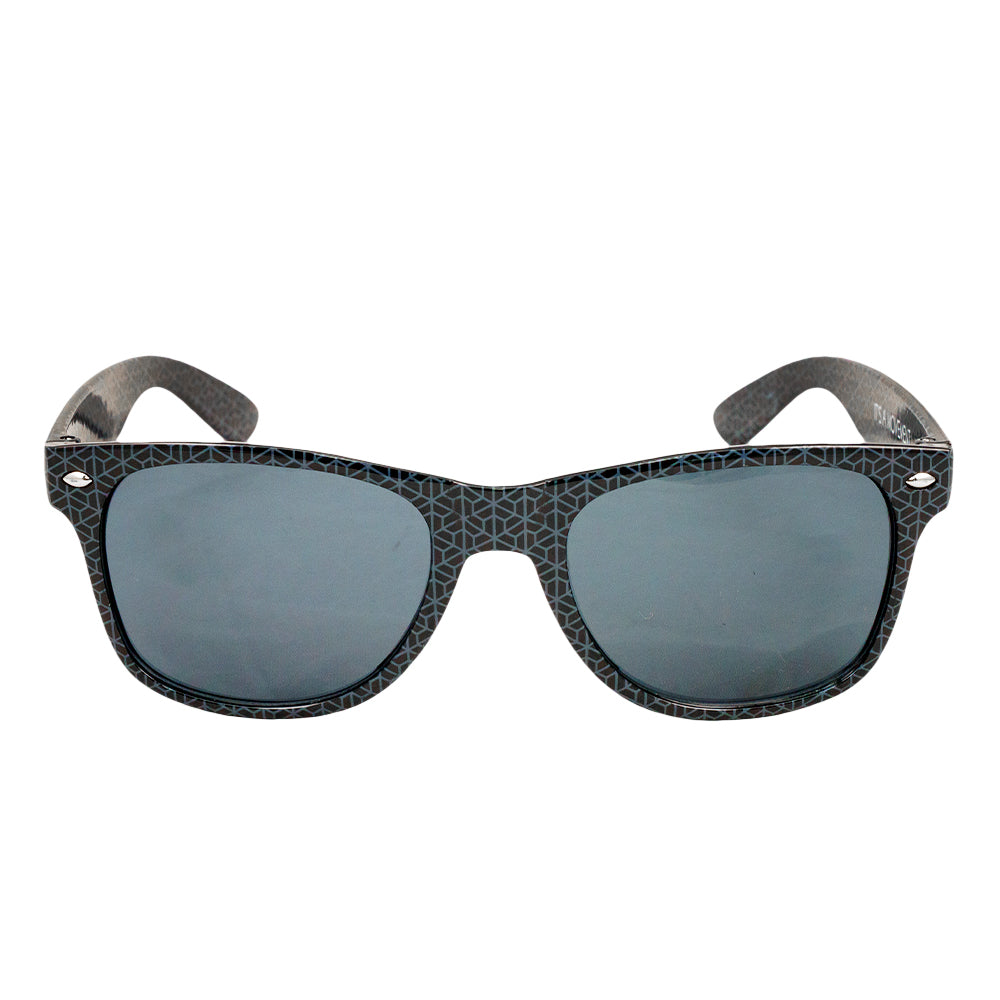 Black patterned sunglasses with dark tinted lenses and wide rounded frames