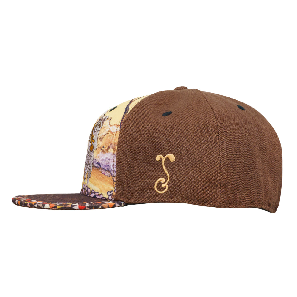 Brown fitted hat with gold letter logo on side and patterned panel with raccoon artwork.