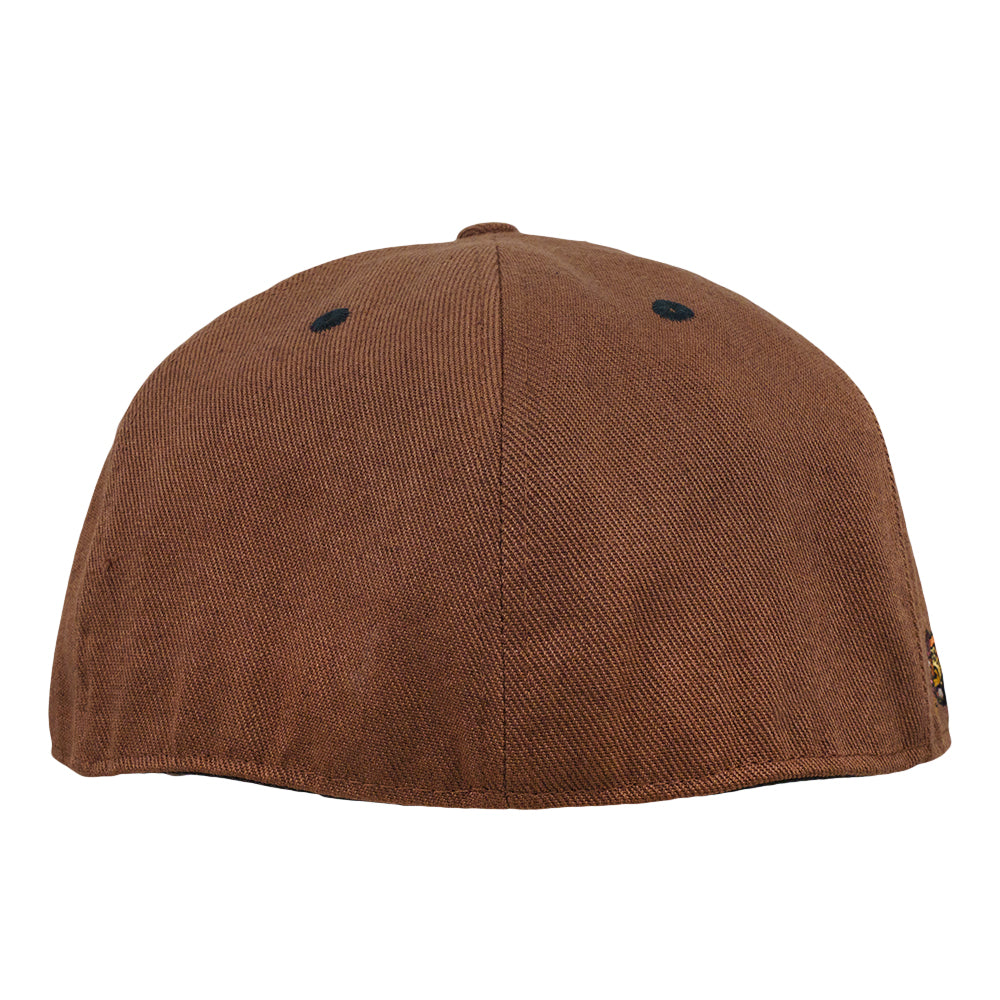 Brown fitted hat back panel, plain crown with small ventilation eyelets.