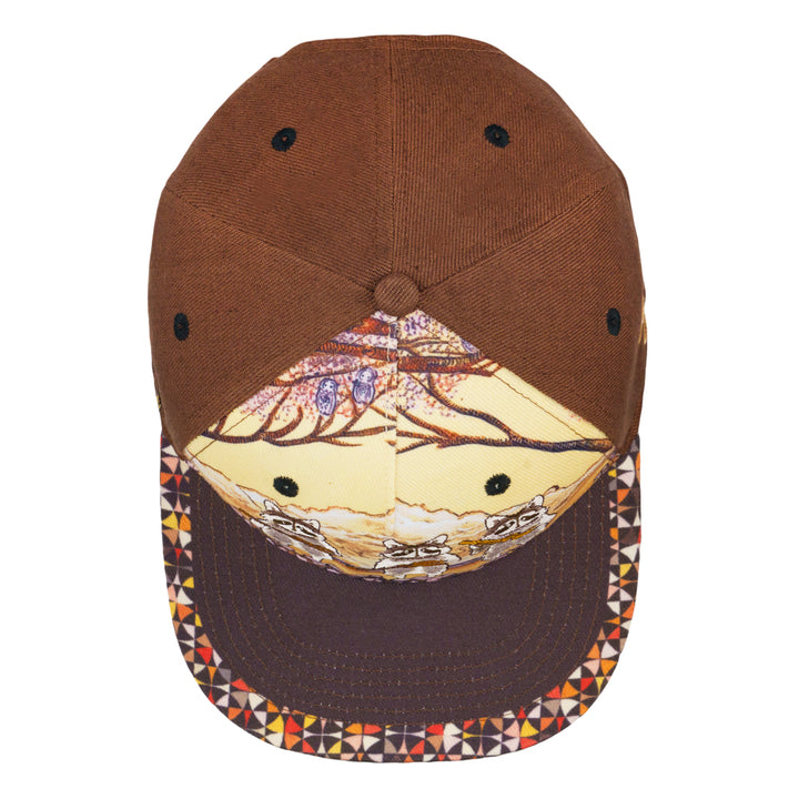 Brown fitted hat top with raccoon band graphic and geometric-pattern brim trim.