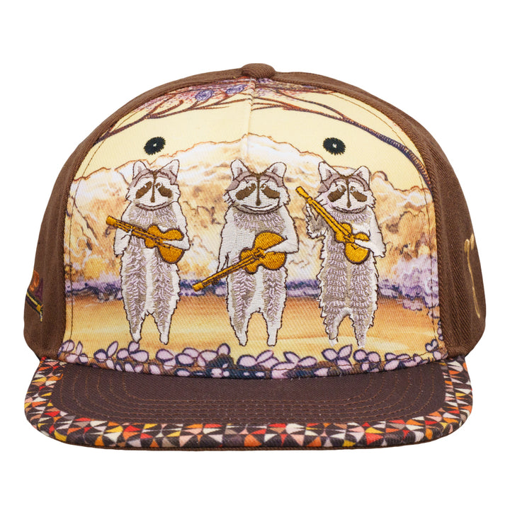 Brown fitted hat front with raccoon band artwork of three raccoons playing guitars.