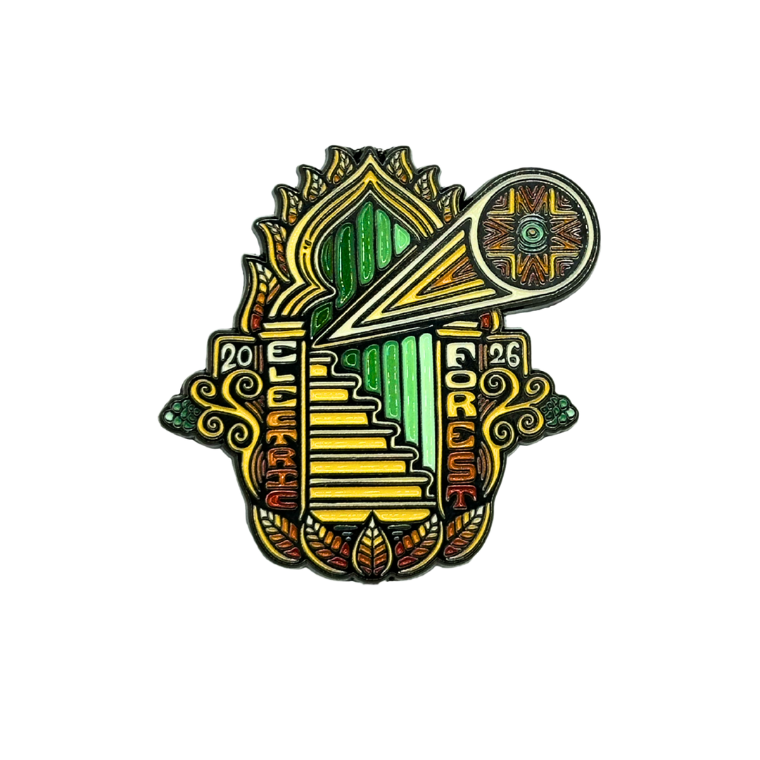 Electric Forest 2026 gateway enamel pin, multicolor art with green and gold stairs