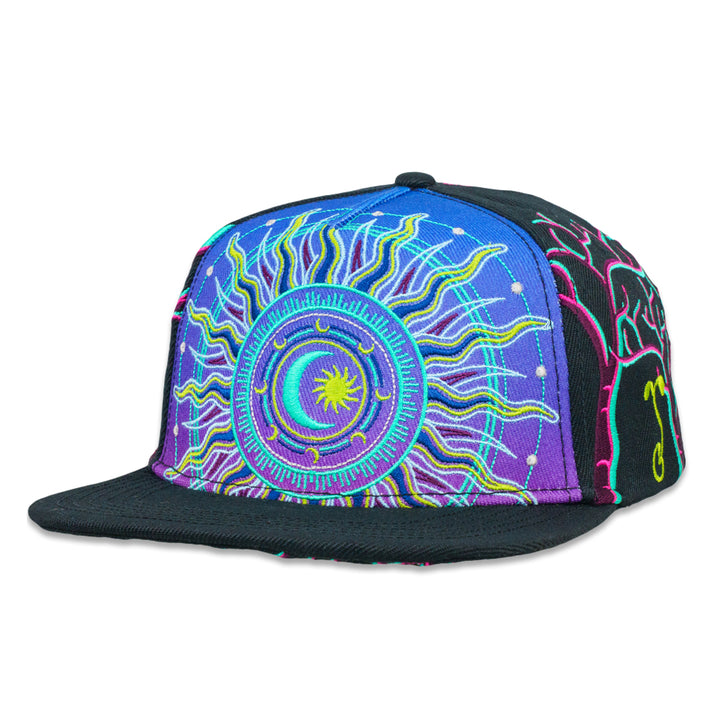 Black snapback hat with neon circular emblem and colorful flame graphics on side.
