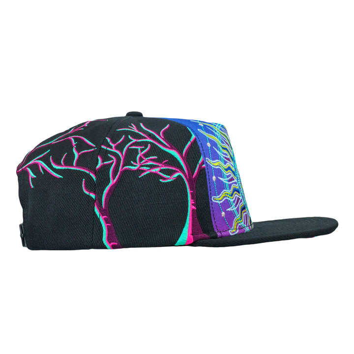 Black snapback hat with neon tree embroidery and bright side panel accents.
