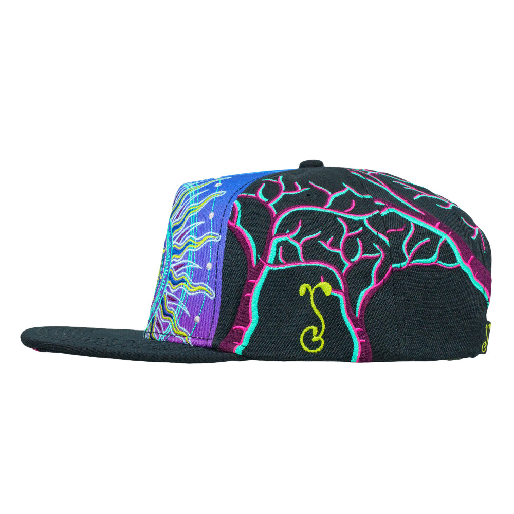 Black snapback hat with neon tree-line artwork and yellow-green character detail.