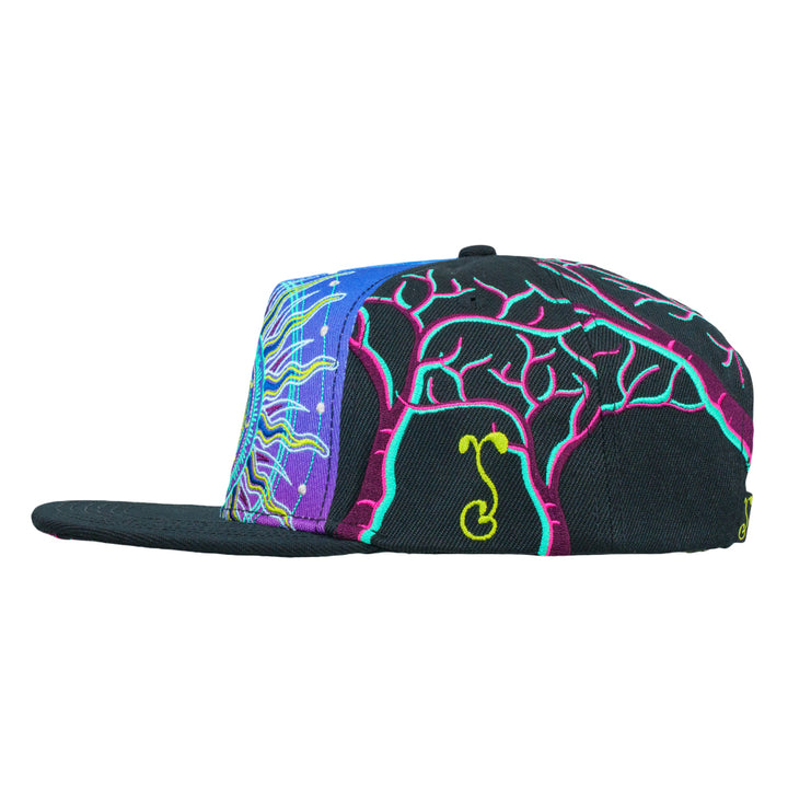 Black snapback hat with neon tree-line artwork and yellow-green character detail.