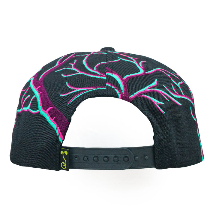 Black snapback hat back view with neon tree embroidery and adjustable strap.