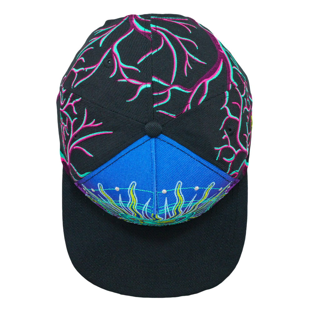 Black snapback hat with neon tree and flame-style embroidery on front panel.