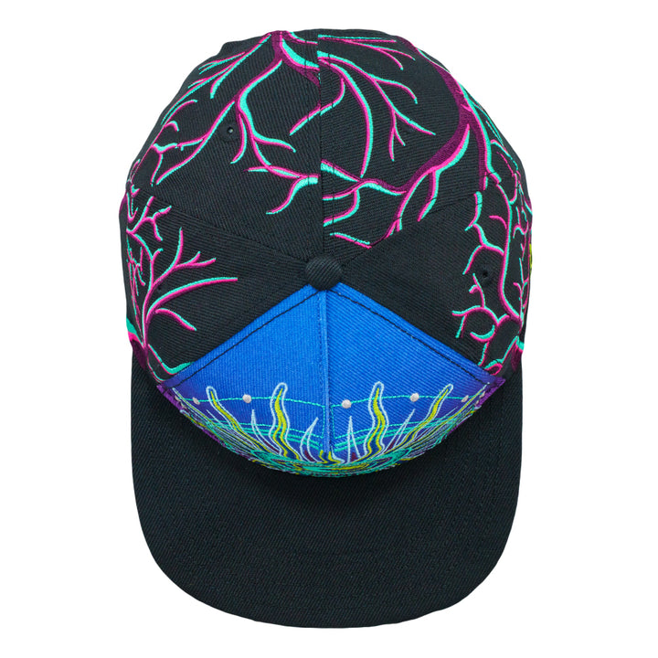 Black snapback hat with neon tree and flame-style embroidery on front panel.