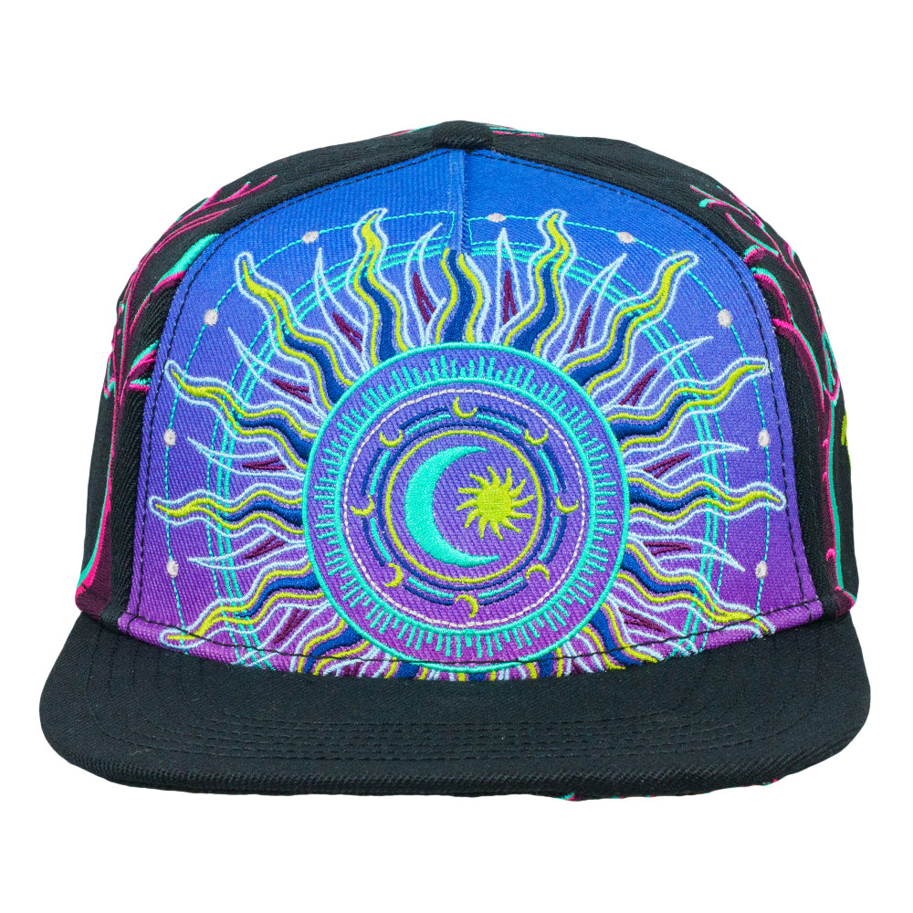Black snapback hat with circular neon emblem and flame artwork across front.