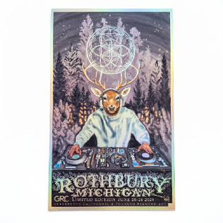 Foil art print featuring a deer DJ with glowing circle over an electric forest