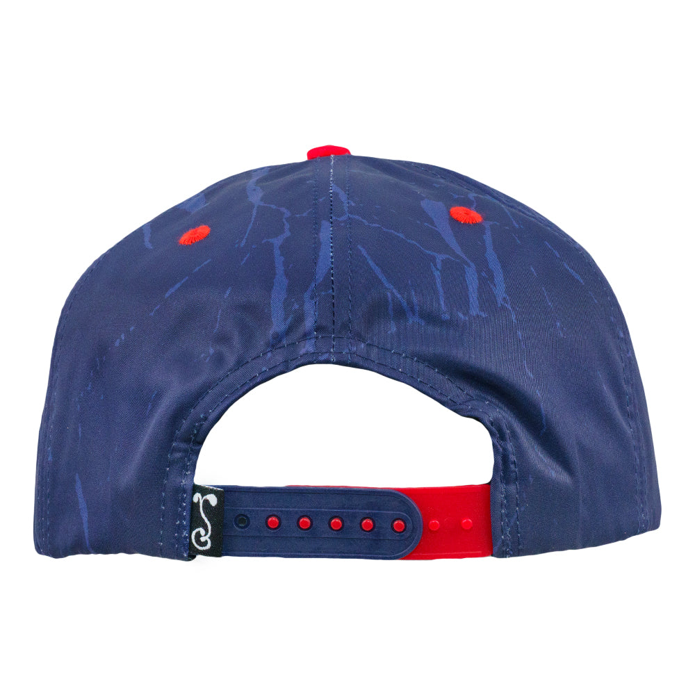 Navy snapback hat back with adjustable strap and red snapback band