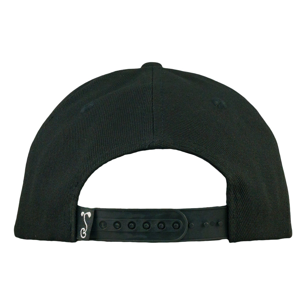 Black snapback hat back view with adjustable strap and eyelet holes