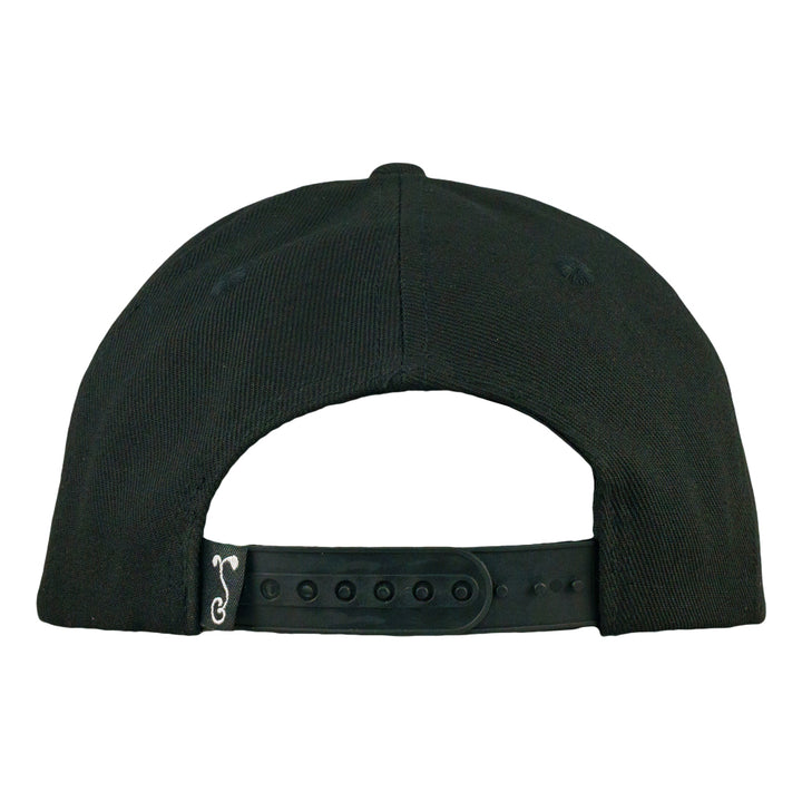 Black snapback hat back view with adjustable strap and eyelet holes