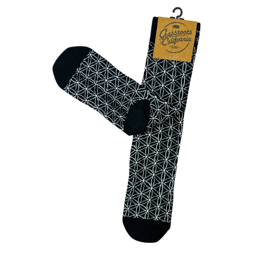 Black crew socks with white geometric web pattern, heel and toe contrast