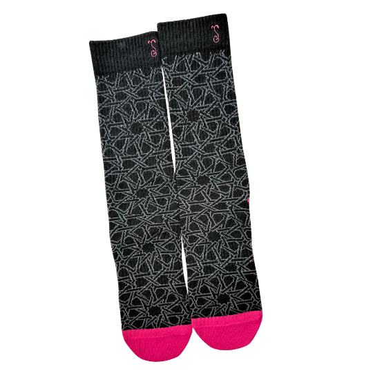 Pair of black socks with geometric network pattern and bright pink toe and heel