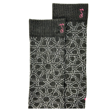 Black sock cuff and upper with geometric pattern knit and small red logo