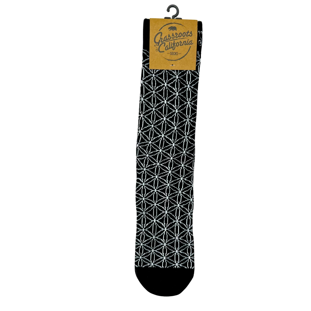 Black crew socks with white lattice pattern, knit sole and heel