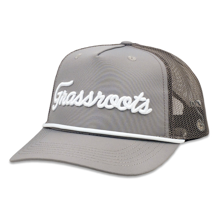 Gray mesh snapback hat with white script logo on front and dark mesh side panels