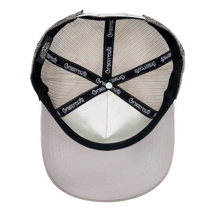 Gray mesh snapback hat interior with black logo strap and stitched crown seams