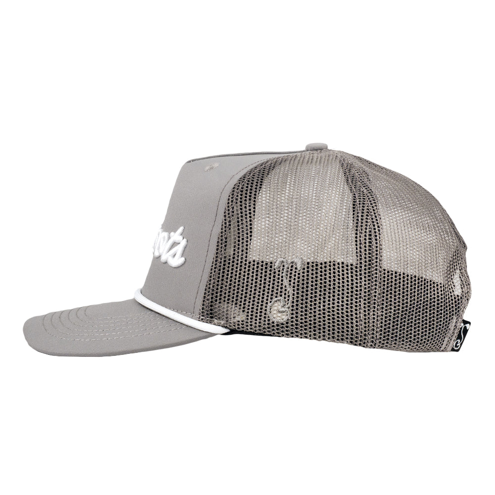 Gray mesh snapback hat angled view with white logo on side and curved brim