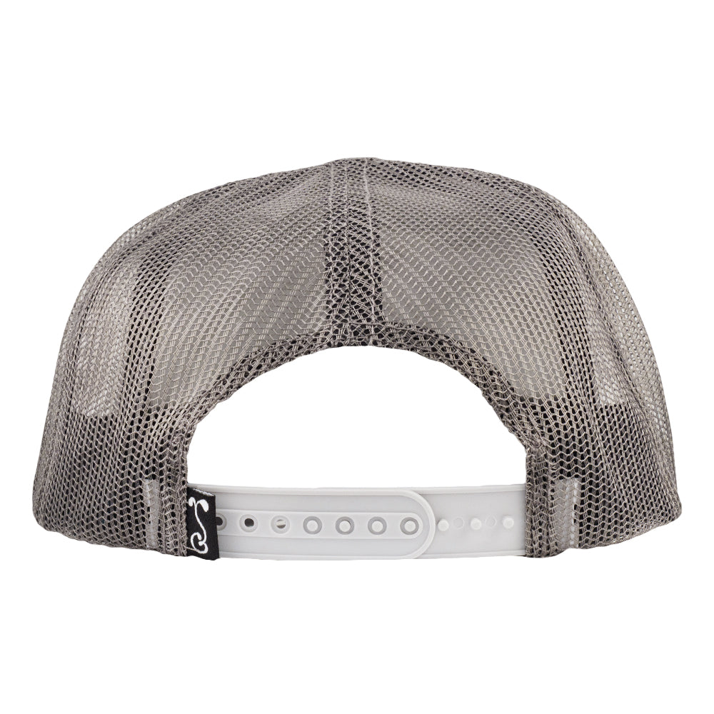 Gray mesh snapback hat top view with mesh crown and gray adjustable back strap