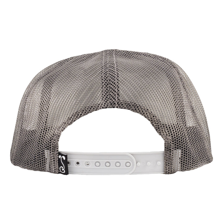 Gray mesh snapback hat top view with mesh crown and gray adjustable back strap