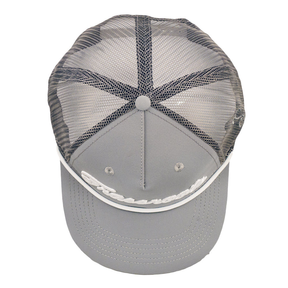 Gray mesh snapback hat top view with mesh crown and central button