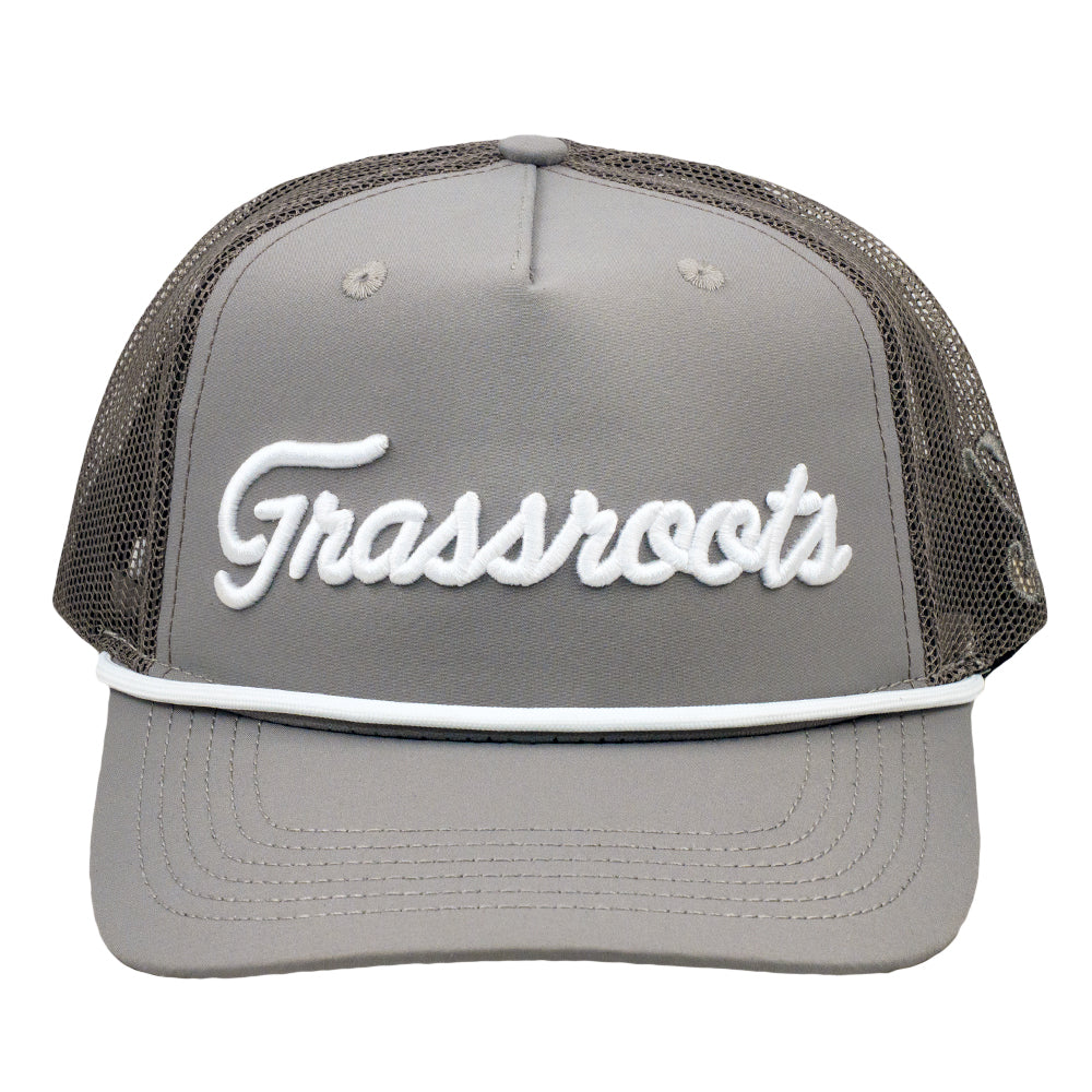Gray snapback hat front view with white script logo and dark mesh side panels