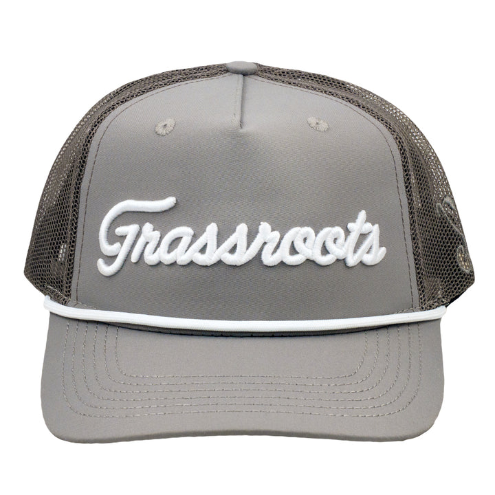 Gray snapback hat front view with white script logo and dark mesh side panels