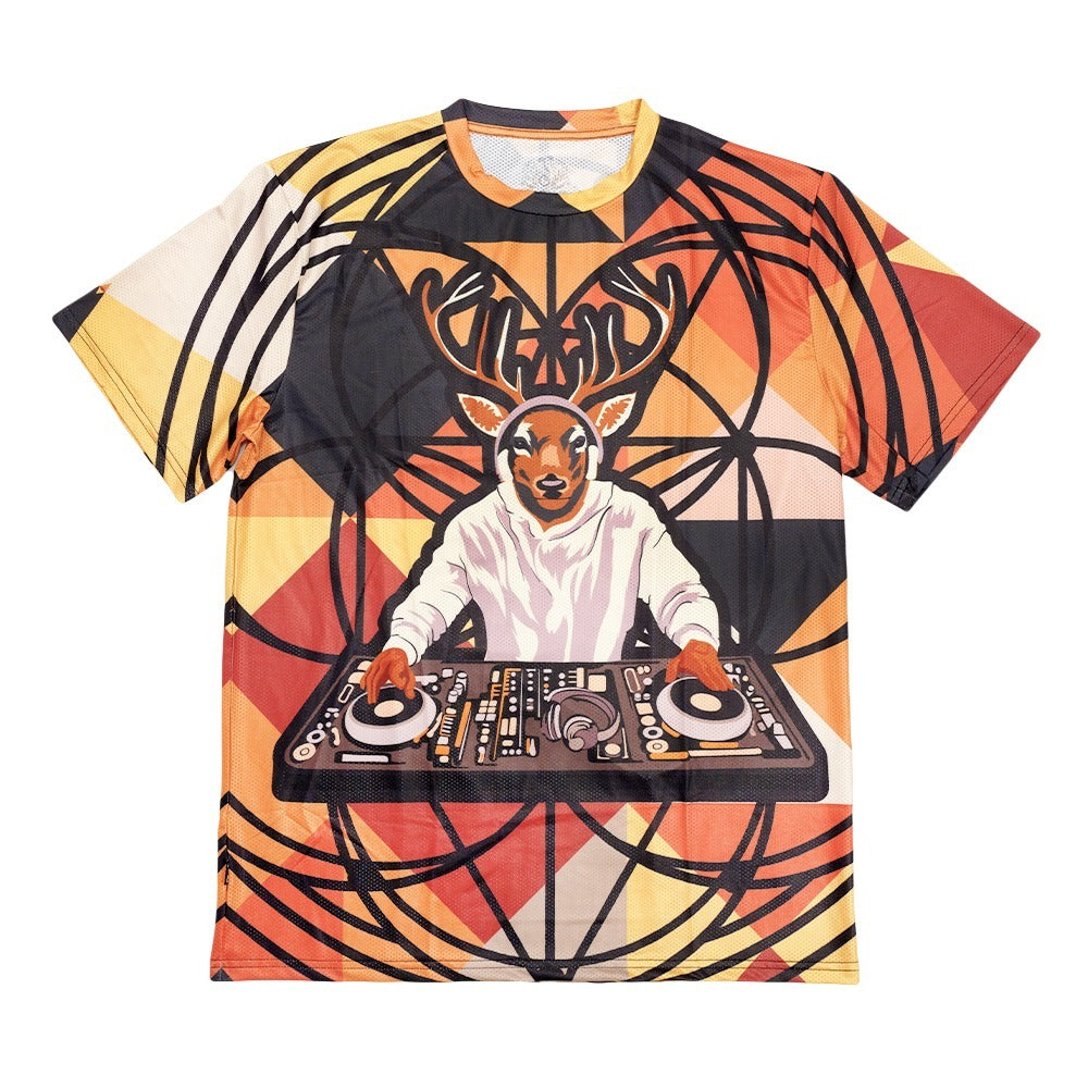 Multi-color T-shirt with deer DJ graphic, black crew neck and short sleeves
