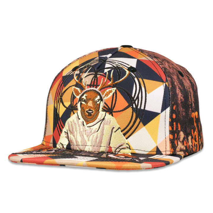 Black snapback hat with colorful geometric panels and a deer graphic on the front.