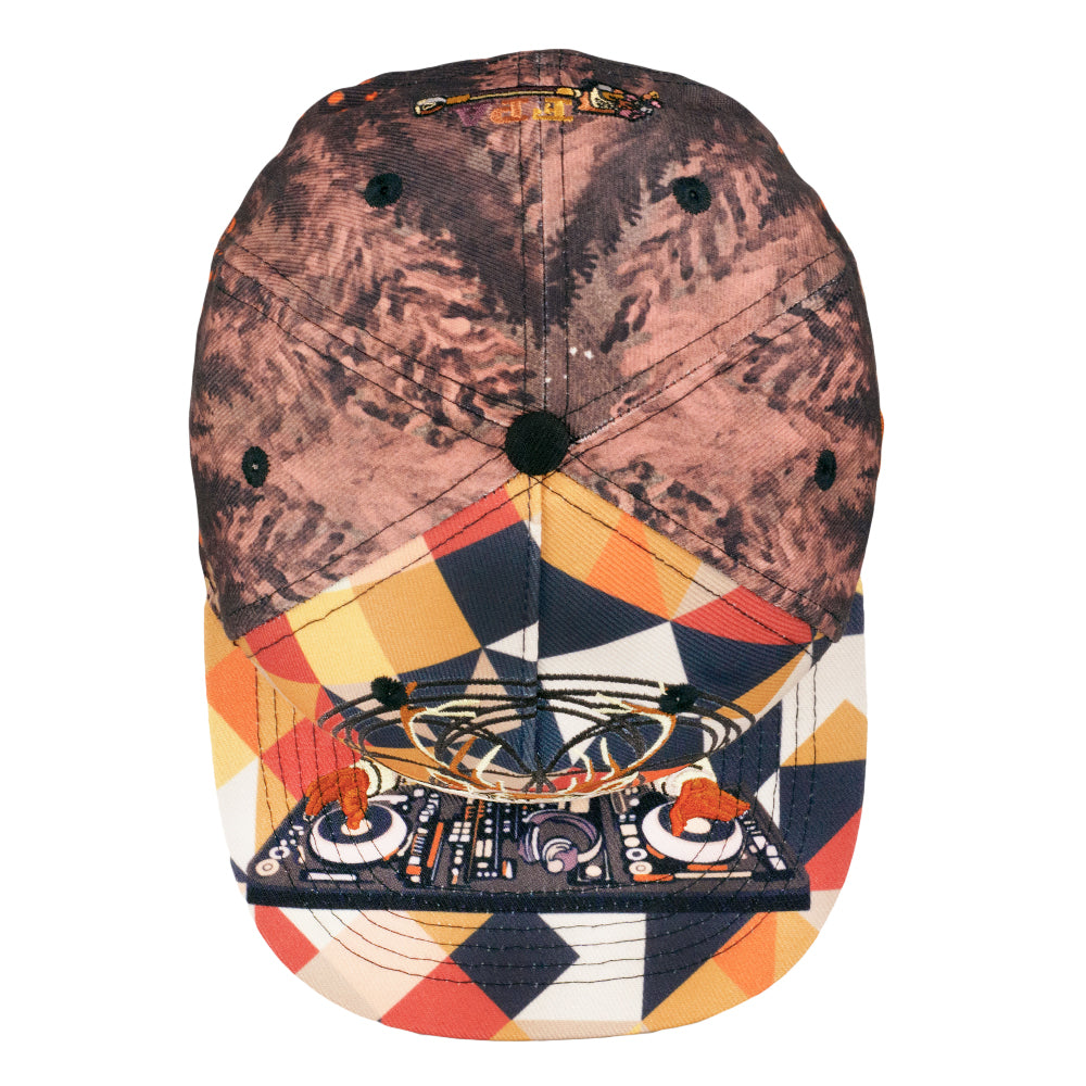 Snapback hat top view with dark marbled fabric, geometric band, and printed deer artwork.
