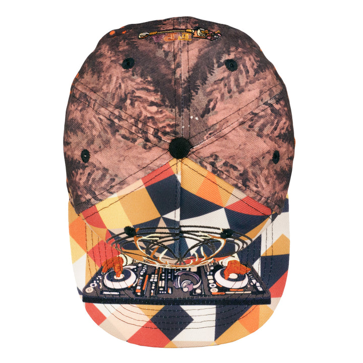 Snapback hat top view with dark marbled fabric, geometric band, and printed deer artwork.