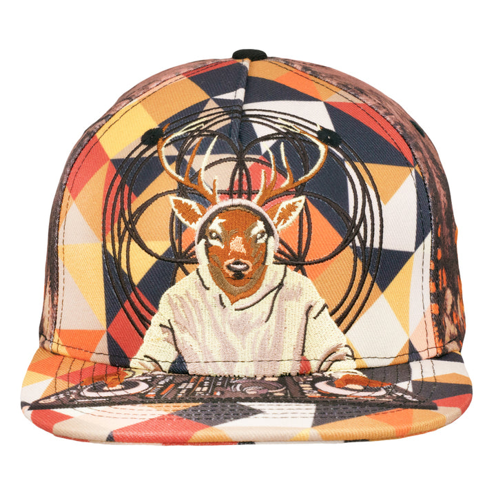Black snapback hat front with deer illustration centered on multicolor geometric background.