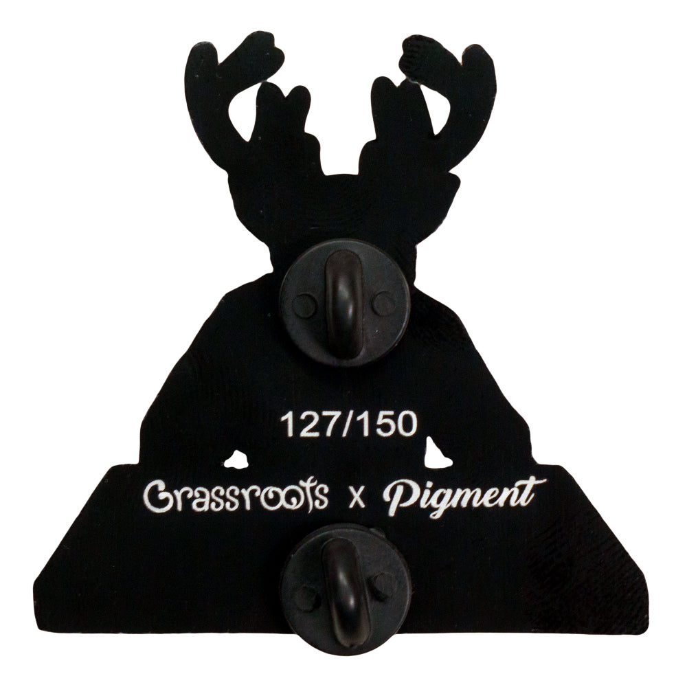 Deer silhouette pin, black antlers and central round badge with stamped number
