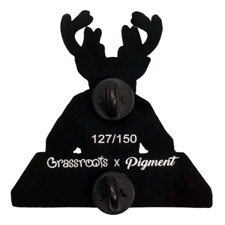 Deer silhouette pin, black antlers and central round badge with stamped number