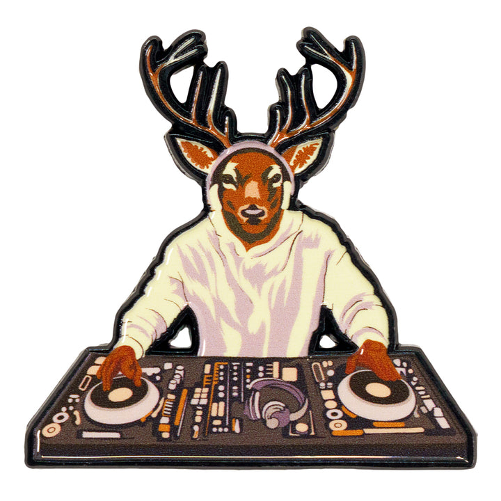 DJ deer pin on turntable deck, orange-and-cream face with detailed antlers