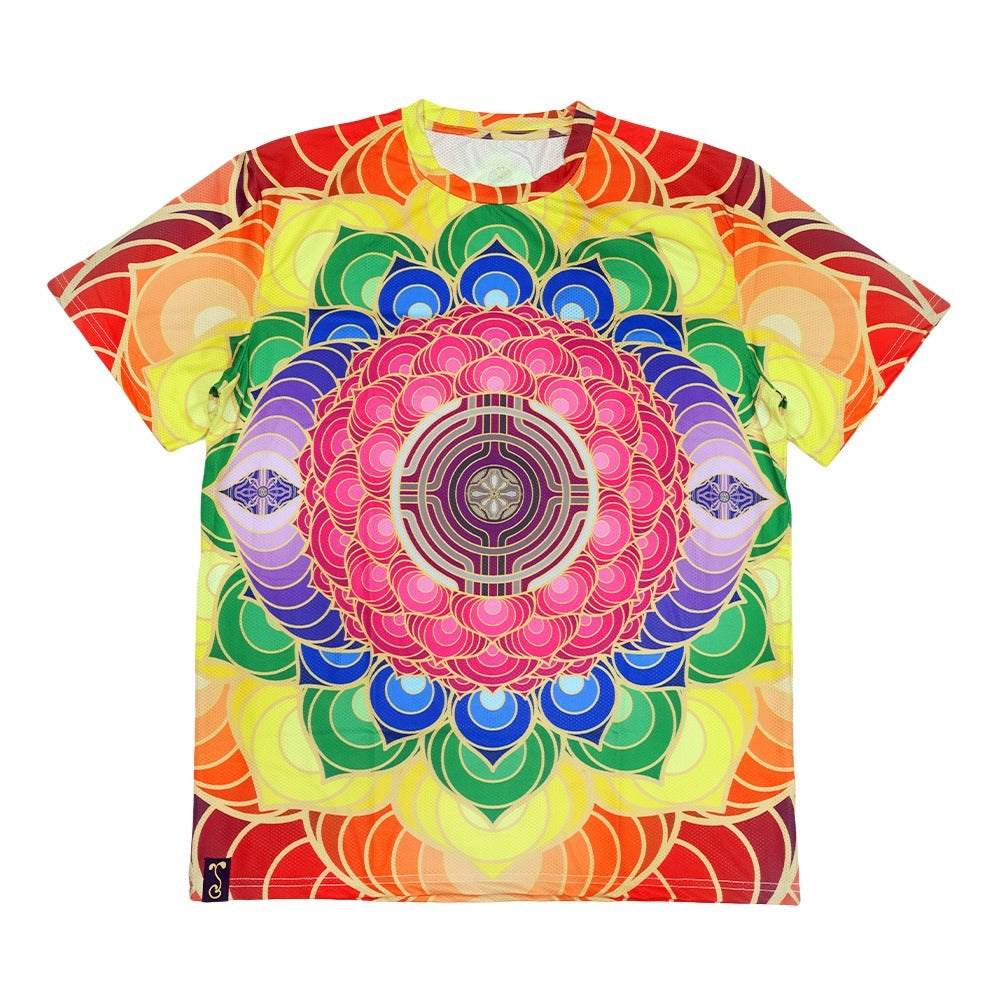 Multi-color chakra graphic t-shirt with circular mandala front