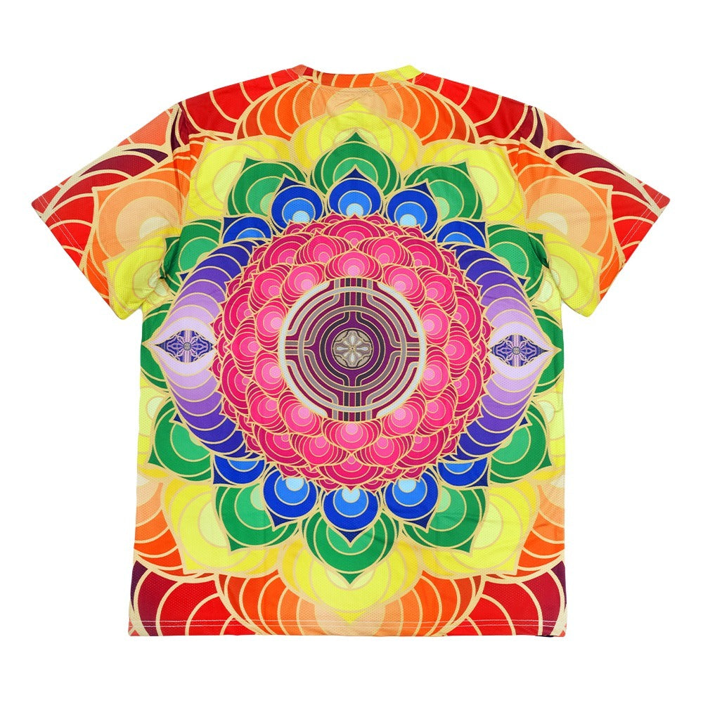 Multi-color chakra graphic t-shirt, centered circular mandala design front