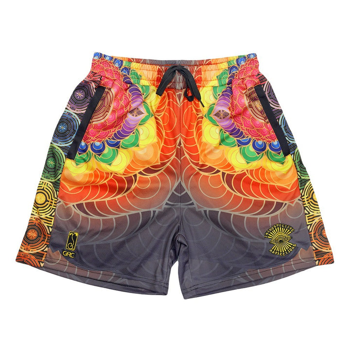 Multi mesh shorts with elastic waistband, black drawstring, colorful chakra flower pattern
