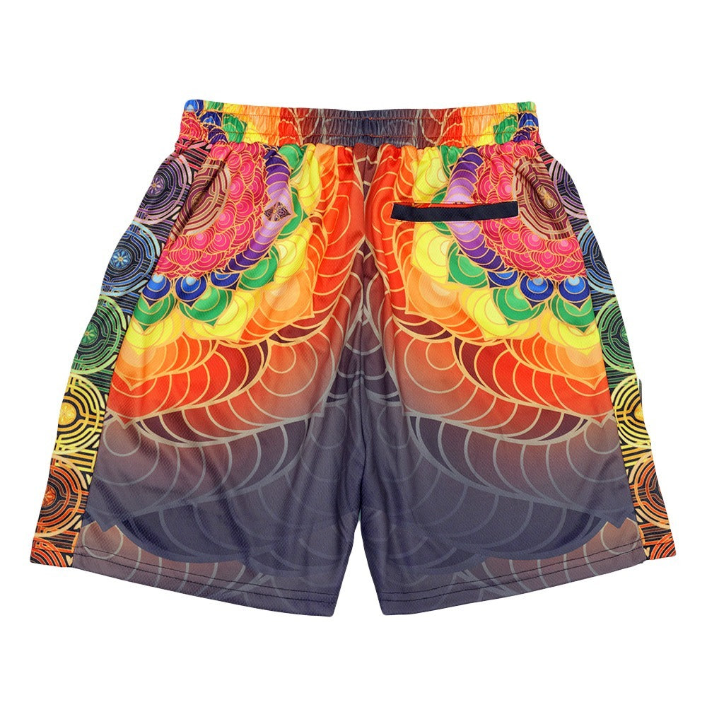 Multi mesh shorts with elastic waist and drawstring, front view with full patterned print