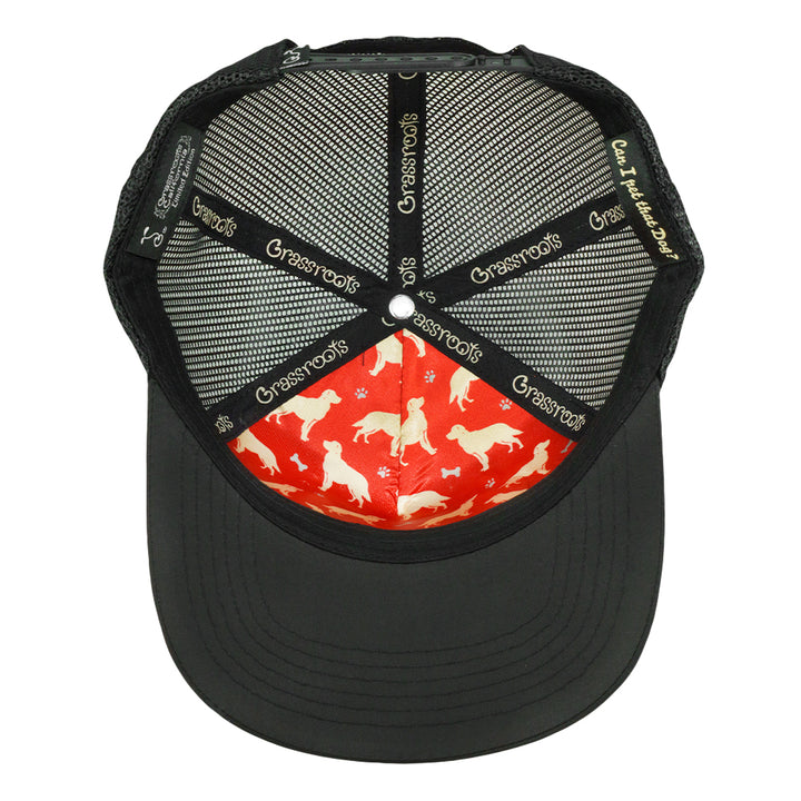 Black mesh snapback hat interior with printed pattern and central red graphic