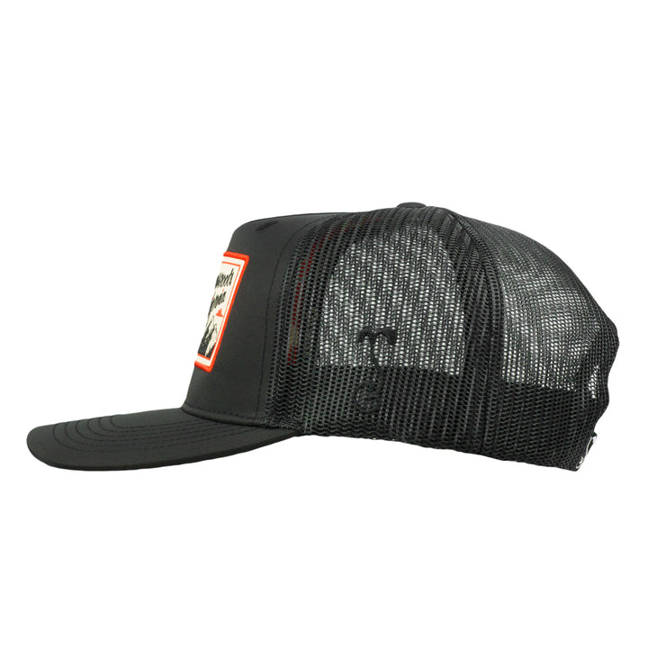 Black snapback mesh hat, side profile with small front logo patch